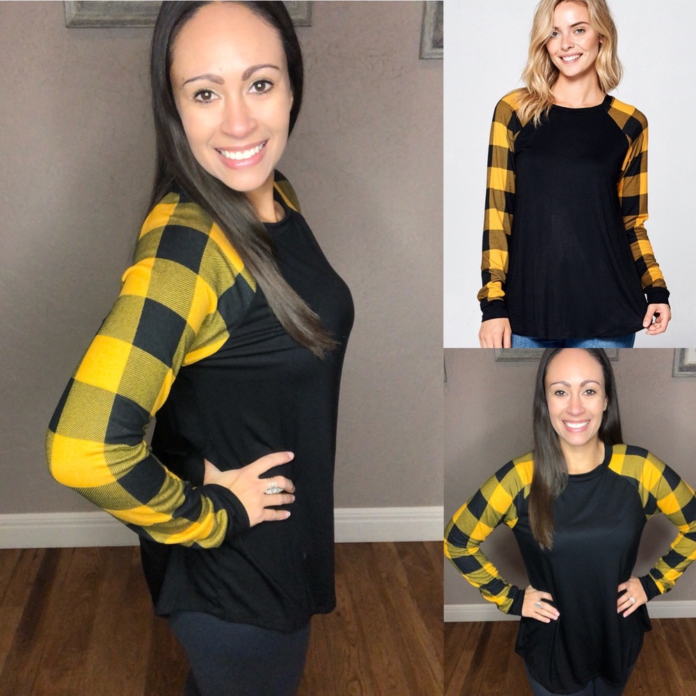 New Mustard Plaid Crew Neck Long Sleeve Top